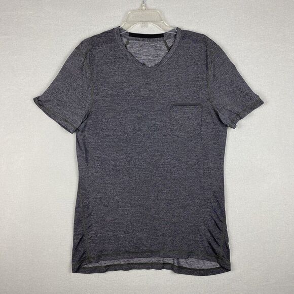 Lululemon Shirt Mens Medium Gray VNeck Pocket Casual Stretch Gym Workout Wicking - Picture 1 of 4